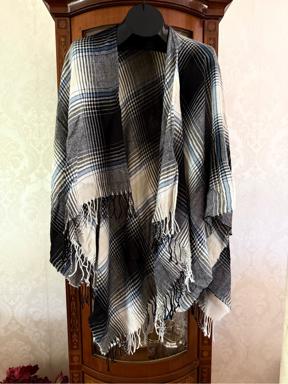 BCBGeneration Black, White & Blue Plaid Fringe Wrap/ poncho